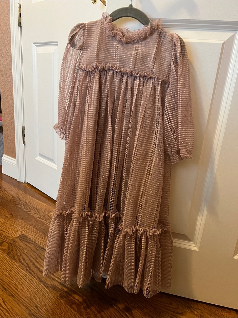 Girls' Mauve Ruffle Tulle Party Dress with Puff Sleeves